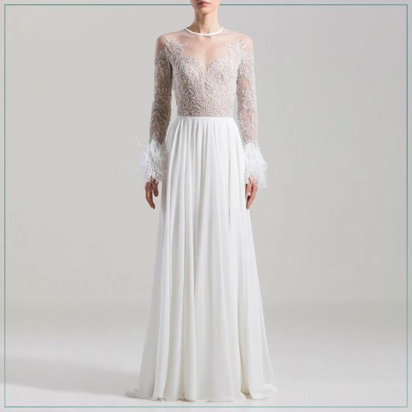 $8,990 Saiid Kobeisy Feathered Crystal Long Sleeve Bridal Runway Gown - Picture 1 of 9
